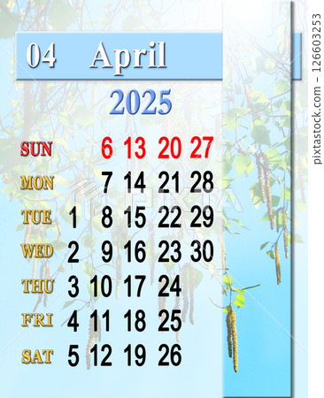 Calendar for April with photo of of new birch buds. Sunday start 126603253