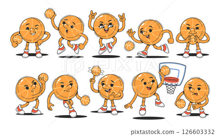 Basketball groovy characters retro comic set with different actions, emotions and facial expressions 126603332