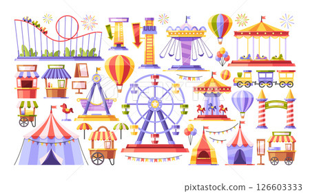 Amusement park attractions design elements set with rides, air-hot balloons, ferris wheel, carousels 126603333