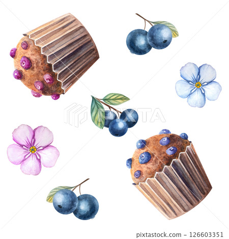 Watercolor Blueberry Muffin seamless pattern 126603351