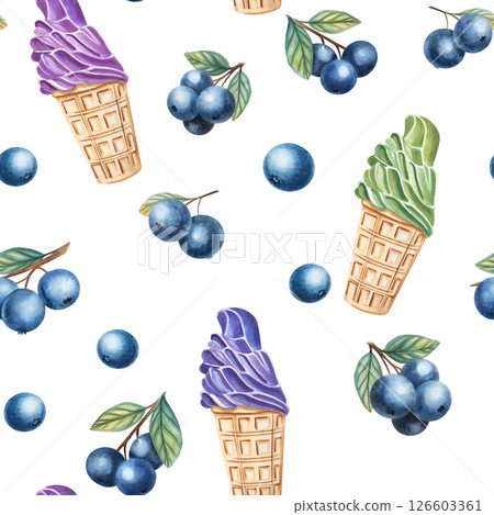 Seamless Watercolor Pattern with Ice Cream and Blueberries Seamless Watercolor Pattern with Ice Cream and Blueberries 126603361