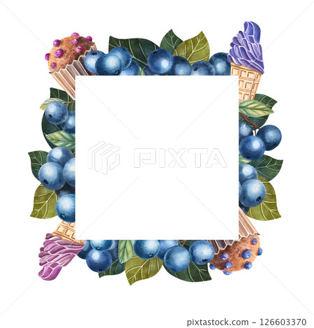 Watercolor Floral Frame with Muffin, Ice cream, Blueberries 126603370