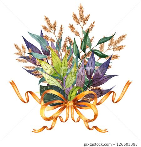 Watercolor Wild Herb Bundle with Gold Ribbon Bow 126603385