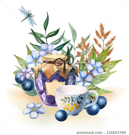 Watercolor Composition with Jam Jar, Tea Cup, Blueberries and Forget-Me-Nots Watercolor Composition with Jam Jar, Tea Cup, Blueberries and Forget-Me-Nots 126603390