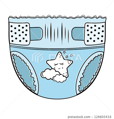 Cartoon-style baby absorbent diapers. Vector illustration for packaging diapers and other products for newborns Cartoon-style baby absorbent diapers. Vector illustration for packaging diapers and other products for newborns 126603418