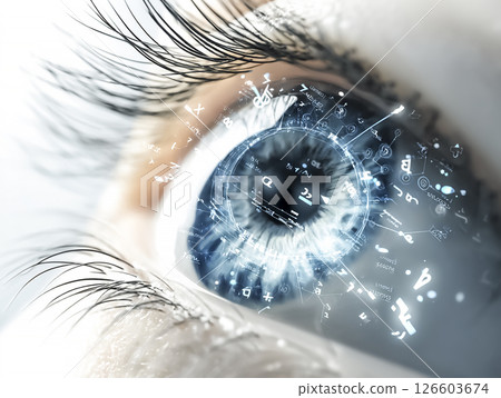 Illustration material of a woman's eyes looking at a holographic display screen 126603674