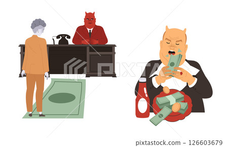 A satirical illustration that depicts the themes of greed and corruption in society vividly 126603679