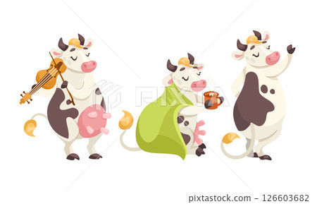 Delightful and Charming Cartoon Cows Happily Playing Various Musical Instruments While Enjoying Life Delightful and Charming Cartoon Cows Happily Playing Various Musical Instruments While Enjoying Life 126603682