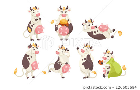 Cheerful and Adorable Cartoon Cows Depicted in Various Fun Poses and Engaging Activities Cheerful and Adorable Cartoon Cows Depicted in Various Fun Poses and Engaging Activities 126603684