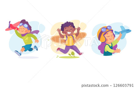 Joyful and enthusiastic Children happily playing with Paper Airplanes in a delightful Adventure 126603791