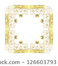 Gold frame with balls of vibrant collection. Isolate is presented for rectangle decorating textiles, prints, packaging. Curls, ribbons elements hand-painted in watercolor with gold paint accents 126603793