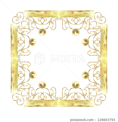 Gold frame with balls of vibrant collection. Isolate is presented for rectangle decorating textiles, prints, packaging. Curls, ribbons elements hand-painted in watercolor with gold paint accents Gold frame with balls of vibrant collection. Isolate is presented for rectangle decorating textiles, prints, packaging. Curls, ribbons elements hand-painted in watercolor with gold paint accents 126603793