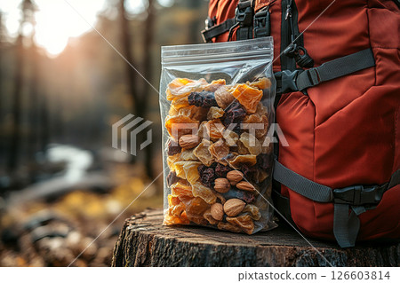 Quick snacks. Outdoor eating. Freeze-dried fruit and nuts in a transparent zip bag on a tree stump next to the red backpack. Quick snacks. Outdoor eating. Freeze-dried fruit and nuts in a transparent zip bag on a tree stump next to the red backpack. 126603814