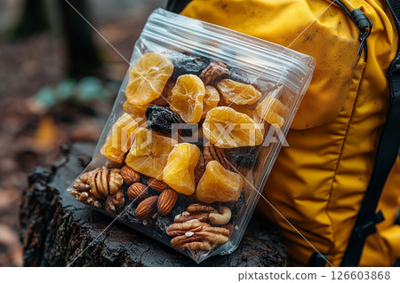Trail snacks. Adventure food. Freeze-dried fruit and nuts in a transparent zip bag on a tree stump next to yellow backpack. Trail snacks. Adventure food. Freeze-dried fruit and nuts in a transparent zip bag on a tree stump next to yellow backpack. 126603868