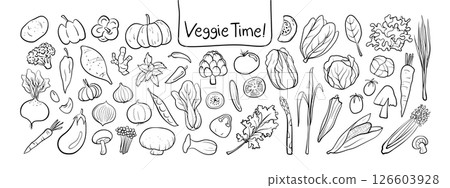 Isolated hand Drawn Vegetable Clipart Set on a transparent background. Black outline on white plain Illustration Style. Isolated hand Drawn Vegetable Clipart Set on a transparent background. Black outline on white plain Illustration Style. 126603928