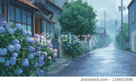 雨水浸透的繡球花和安靜的住宅區雨季插圖素材_2 126603986