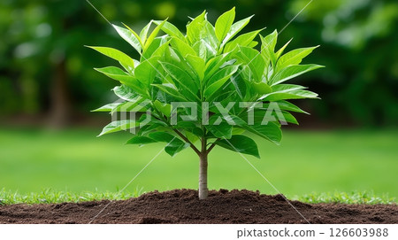 Young green tree sapling planted in soil, symbolizing growth and new life 126603988