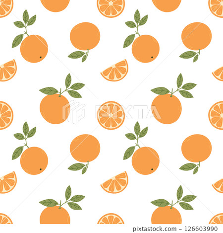 Oranges, seamless vector pattern. Bright summer pattern with oranges on a white background in a simple flat style. Oranges, seamless vector pattern. Bright summer pattern with oranges on a white background in a simple flat style. 126603990