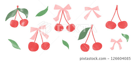Cherry coquette crayon drawn set. Red, pink and green berries with ribbon band and leaves doodle isolated on white background. Fruits grunge textured elements. Vector kid naive illustration by pencil 126604085