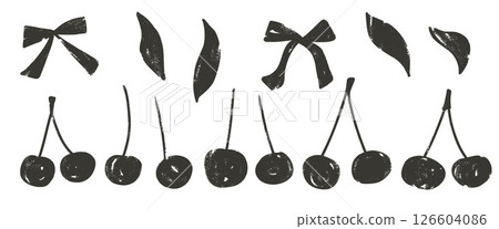 Charcoal drawn cherry, bow silhouette set. Coquette linocut berries with ribbons and leaves doodle isolated on white background. Fruits grunge textured elements. Vector naive illustration by ink Charcoal drawn cherry, bow silhouette set. Coquette linocut berries with ribbons and leaves doodle isolated on white background. Fruits grunge textured elements. Vector naive illustration by ink 126604086