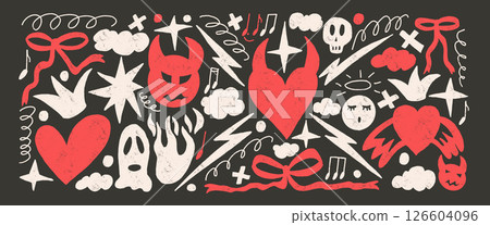 Punk breaking heart hand drawn set. Devil and angels crayon textured background. Scribble grunge elements. Flame, bows, clouds and sketch shapes. Vector illustration by marker on black background 126604096