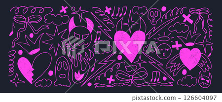Neon breaking heart line doodles set. Devil and angels purple crayon drawn background. Scribble grunge elements. Hearts, bows, clouds and sketch shapes. Vector pencil illustration on black background Neon breaking heart line doodles set. Devil and angels purple crayon drawn background. Scribble grunge elements. Hearts, bows, clouds and sketch shapes. Vector pencil illustration on black background 126604097