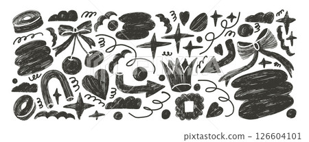 Abstract silhouette shapes charcoal drawn set. Naive black color doodle figures on white background. Crown, cherry, heart and geometric forms sketch linocut elements. Vector illustration by pencil 126604101