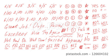 Exam grade marks crayon doodle set. School test results different hand drawn sings. Teacher scores of student homework. Vector handwritten scribble marker academic symbols on white background 126604102
