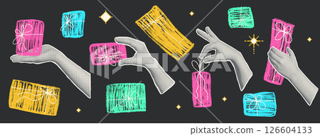 Halftone female hands holding crayon gifts boxes collage. Holiday sale mixed media elements. Cutout hand receiving pencil drawn gift. Vector retro magazine piece of papers illustration Halftone female hands holding crayon gifts boxes collage. Holiday sale mixed media elements. Cutout hand receiving pencil drawn gift. Vector retro magazine piece of papers illustration 126604133