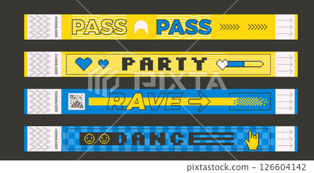 Festival party event bracelet tickets set. Music party, concert wristbands in retro style. Hand nightclub pass access. Paper wrist band templates on y2k events. Vector disco show id Festival party event bracelet tickets set. Music party, concert wristbands in retro style. Hand nightclub pass access. Paper wrist band templates on y2k events. Vector disco show id 126604142