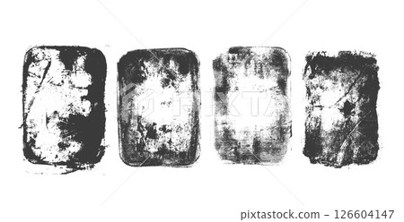 Ink grunge ruined stamps set. Distressed rectangle frames. Linocut rolled paint black tag. Vector handmade brayer smudged noise texture. Rough paint decorative irregular border 126604147