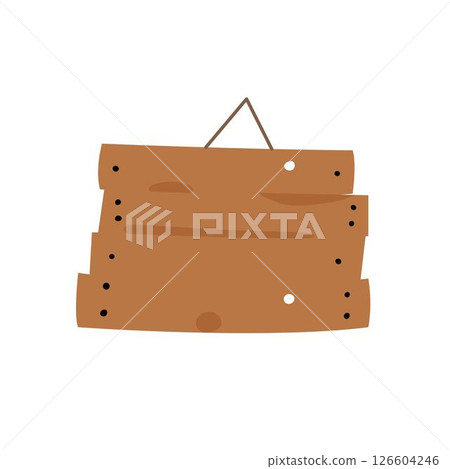Rustic wooden signboard with hanging rope, isolated on white background, cartoon illustration Rustic wooden signboard with hanging rope, isolated on white background, cartoon illustration 126604246