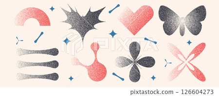 Geometric funky figures with grain noise gradient texture. Y2k retro stippling forms set. Butterfly, heart and semicircle, flower icons on beige background. Vector gritty gradation shape illustration 126604273