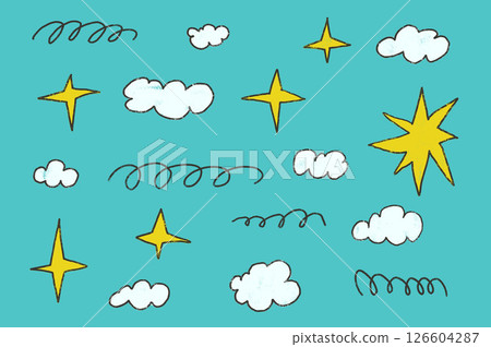Crayon sky set. Naive hand drawn clouds, stars and squiggle lines pack. Kids chalk textured elements. Pastel cloudy weather symbols. Vector charcoal pencil drawn illustration on blue background Crayon sky set. Naive hand drawn clouds, stars and squiggle lines pack. Kids chalk textured elements. Pastel cloudy weather symbols. Vector charcoal pencil drawn illustration on blue background 126604287