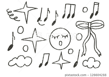 Doodle music note hand drawn set. Punk charcoal sing doodle background. Scribble grunge bow and stars shapes. line sketch graffiti art. Vector sketchy illustration by pencil isolated Doodle music note hand drawn set. Punk charcoal sing doodle background. Scribble grunge bow and stars shapes. line sketch graffiti art. Vector sketchy illustration by pencil isolated 126604288