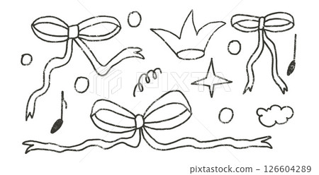 Doodle bows hand drawn set. Punk charcoal coquette ribbons doodle background. Scribble grunge crown and music note shapes. line sketch graffiti art. Vector sketchy illustration by pencil isolated Doodle bows hand drawn set. Punk charcoal coquette ribbons doodle background. Scribble grunge crown and music note shapes. line sketch graffiti art. Vector sketchy illustration by pencil isolated 126604289