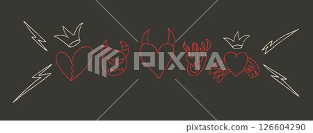 Devil, angels and hearts with lightning crayon drawn set. Punk love doodle background. Scribble grunge elements. Heart with horns, fire and sketch line art. Vector illustration on black background Devil, angels and hearts with lightning crayon drawn set. Punk love doodle background. Scribble grunge elements. Heart with horns, fire and sketch line art. Vector illustration on black background 126604290