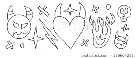 Bad feeling hand drawn set. Punk charcoal breaking heart doodle background. Scribble grunge shapes. Devil, fire and line sketch graffiti art. Vector sketchy illustration by pencil isolated on white bg Bad feeling hand drawn set. Punk charcoal breaking heart doodle background. Scribble grunge shapes. Devil, fire and line sketch graffiti art. Vector sketchy illustration by pencil isolated on white bg 126604291