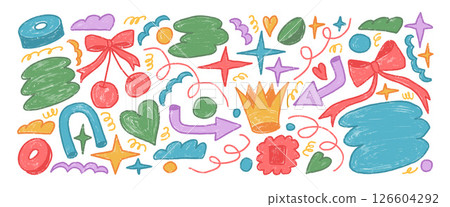 Abstract stickers shapes crayon drawn set. Naive multi colors doodle figures on white background. Crown, cherry, heart and geometric forms sketch elements. Vector childish illustration by pencil 126604292