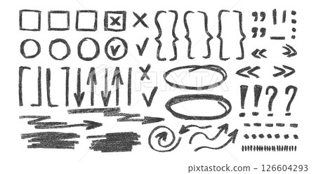 Check marks, arrow doodle set. Pencil drawn underlines, quotation marks, brackets and signs. Scribble sketch pencil emphasis note highlights. Vector freehand illustration isolated on white background 126604293