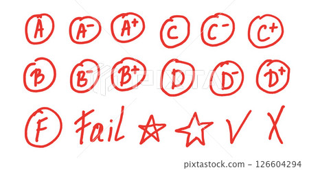 Exam letters grade marks doodle style set. School test results hand drawn sings. Teacher scores for homework. Vector handwritten scribble qualification rating and correction symbols isolated on white Exam letters grade marks doodle style set. School test results hand drawn sings. Teacher scores for homework. Vector handwritten scribble qualification rating and correction symbols isolated on white 126604294