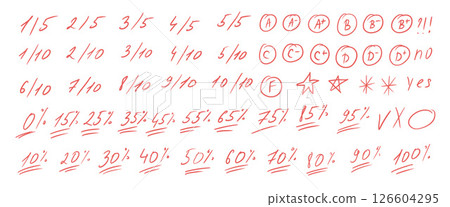 Exam grading marks doodle style set. Letters, five-points, percentage academic system. School test results sings. Teacher scores for student homework. Vector scribble symbols isolated on white Exam grading marks doodle style set. Letters, five-points, percentage academic system. School test results sings. Teacher scores for student homework. Vector scribble symbols isolated on white 126604295