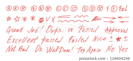 Exam letters grade marks doodle style set. School test results hand drawn sings. Teacher scores for homework. Vector handwritten scribble qualification rating and correction symbols isolated on white 126604298