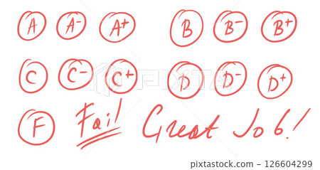 Exam grade marks doodle style set. School test results hand drawn sings. Teacher scores for homework. Vector handwritten scribble qualification rating and correction symbols isolated on white 126604299