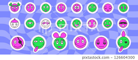 Pixel art game faces with smiles. 8 bit retro characters elements. Pixel 90s funny expression style. Vector laugh and happy y2k round stickers set illustration. Good feeling and expressions symbols. 126604300