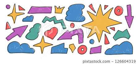 Abstract geometric shapes scribble set. Organic colorful playful stickers doodle isolated on white background. Graphic hand drawn elements. Vector figures illustration by pencil isolated on white 126604319