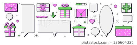 Pixel art speech bubbles and giftboxes set. 8 bit retro callouts with birthday presents and hearts. Rectangle and round chat y2k frames. Digital message borders. Vector illustration isolated Pixel art speech bubbles and giftboxes set. 8 bit retro callouts with birthday presents and hearts. Rectangle and round chat y2k frames. Digital message borders. Vector illustration isolated 126604325