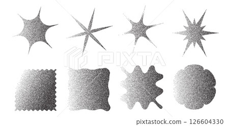 Geometric brutalist figures with grain noise gradient texture. Y2k retro stippling forms set. Squares, stars and flower icons on white background. Vector gritty monochrome gradation illustration 126604330