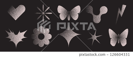 Geometric figures with grain noise gradient. Y2k retro stippling forms set. Butterfly, heart and star flower icons isolated on dark background. Vector gritty gradation shapes illustration 126604331