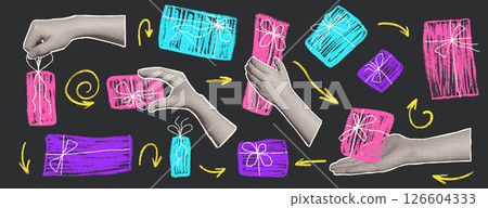 Halftone female hands holding crayon gifts boxes collage. Holiday sale elements. Cutout hand receiving gift. Happy birthday, anniversary and celebration party concept. Vector illustration 126604333